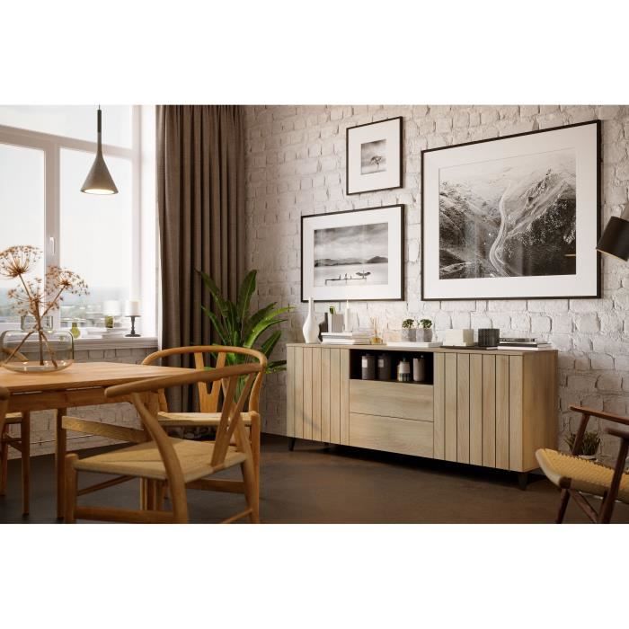 Buffet LINEAS - MÈlaminÈ chene - 2 portes + 2 tiroirs + 1 niche - L180 x P44 x H75 cm