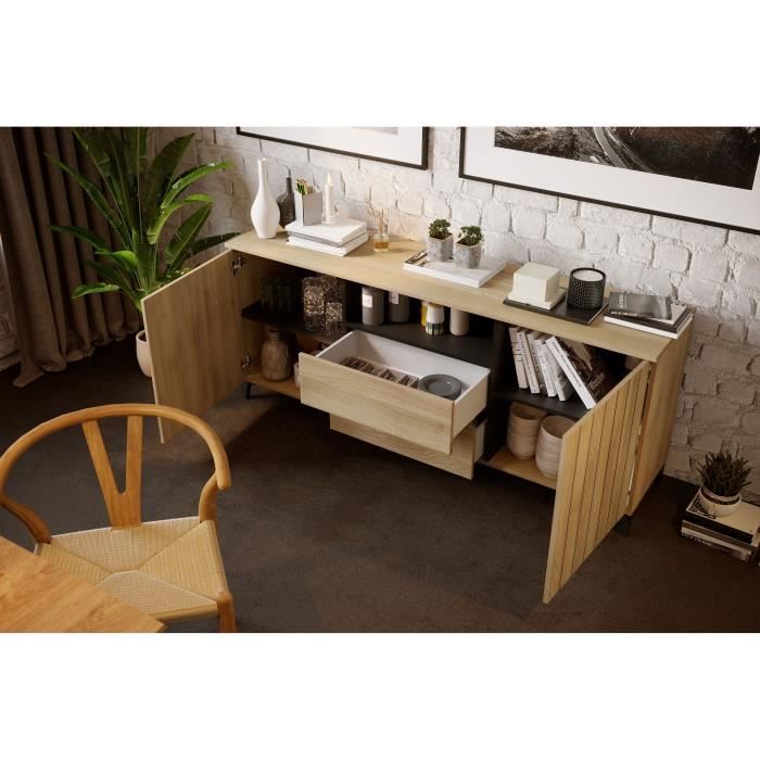 Buffet LINEAS - MÈlaminÈ chene - 2 portes + 2 tiroirs + 1 niche - L180 x P44 x H75 cm