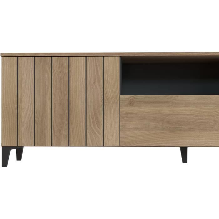 Meuble TV LINEAS - MÈlaminÈ chene - 2 portes + 1 tiroir + 1 niche - L180 x P44 x H55 cm