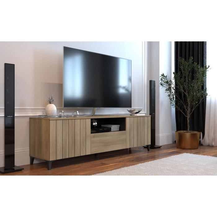 Meuble TV LINEAS - MÈlaminÈ chene - 2 portes + 1 tiroir + 1 niche - L180 x P44 x H55 cm