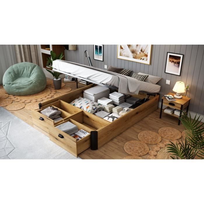 Lit coffre adulte - Couchage 140x190 cm - 2 Tiroirs frontaux - Fabriqué en Espagne