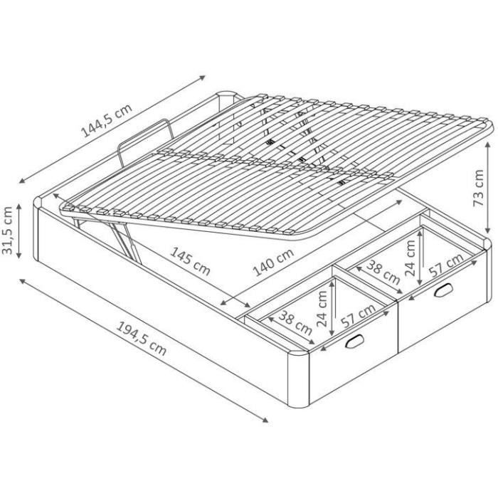 Lit coffre adulte - Couchage 140x190 cm - 2 Tiroirs frontaux - Fabriqué en Espagne