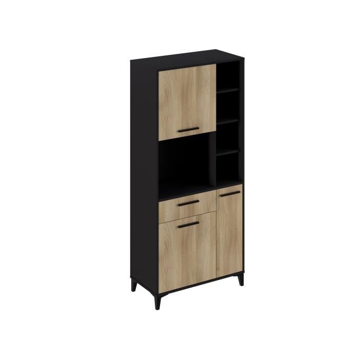 Buffet haut de cuisine ECO - 3 portes et 1 tiroir - MÈlamine chene et noir - L 80 x P 40 x H 178 cm