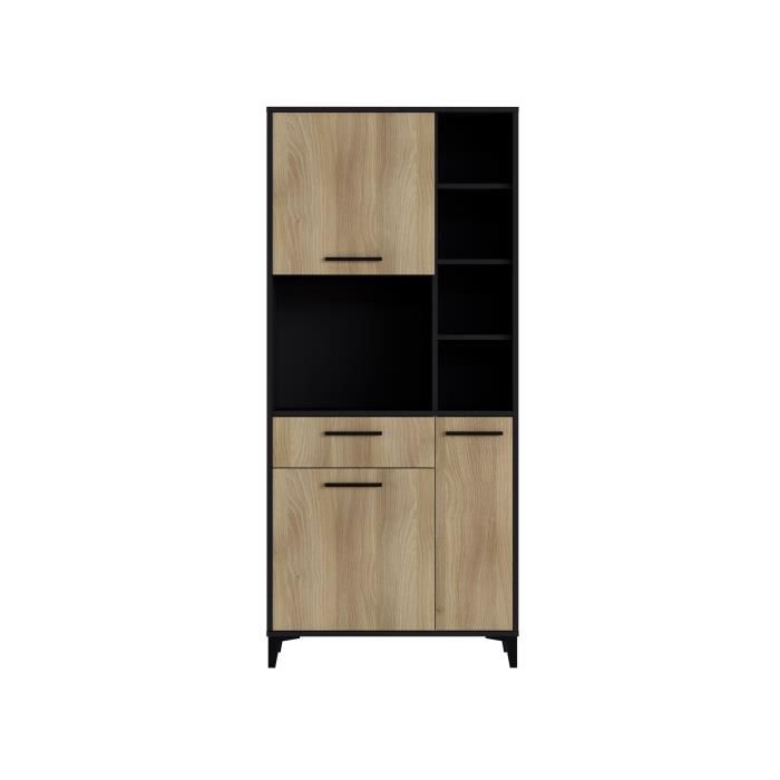 Buffet haut de cuisine ECO - 3 portes et 1 tiroir - MÈlamine chene et noir - L 80 x P 40 x H 178 cm
