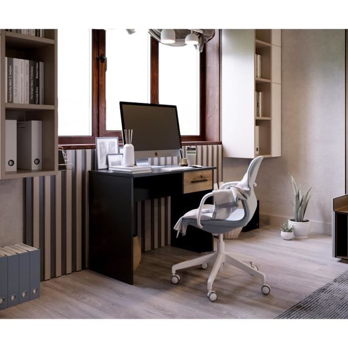 Bureau Petit Tiroir - DÈcor noir et chene - L 90 x P 50 x H 74 cm