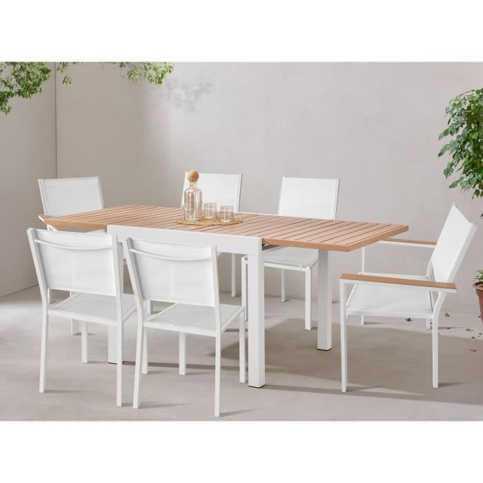 Table de jardin extensible CALVI - Rectangulaire - Plateau aluminium aspect bois - 6 personnes
