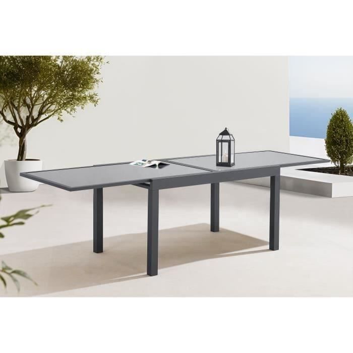Table de jardin extensible rectangulaire 6 a 10 personnes - Structure aluminium - Plateau verre trempé - L 135-270 x H 75 x P 90