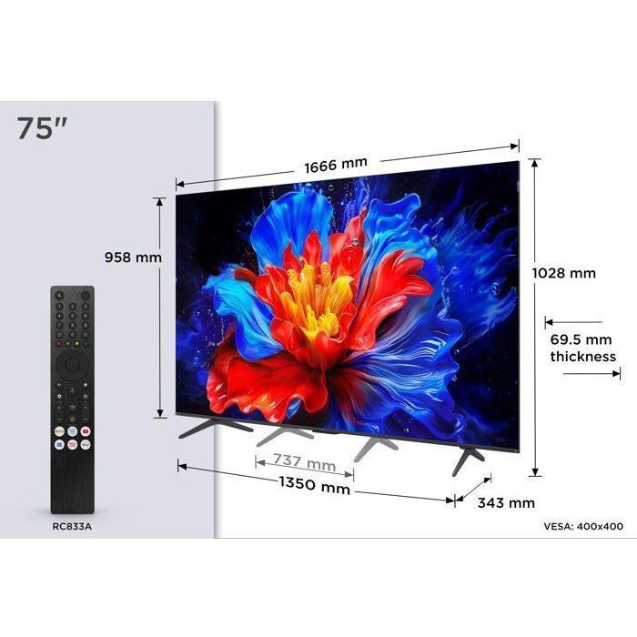 TCL 75P8K - TV QLED 75 (190 cm) - 4K UHD 3840x2160 - 144 Hz - Dolby Vision - Google TV - 4xHDMI 2.1 - WiFi
