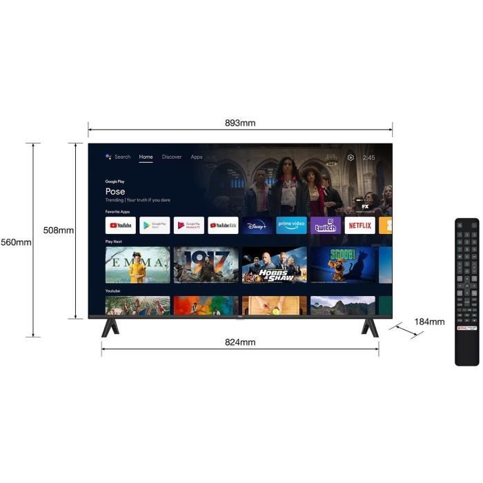 TCL 40FHD7900 - TV LED 40 (100 cm) - Full HD 1920x1080 - HDR10 - TV connecté Android - 2xHDMI 1.4 - WiFi