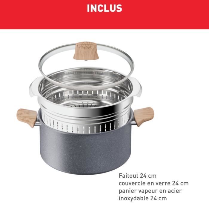 TEFAL Faitout 24 cm + panier vapeur, Induction, Revetement antiadhÈsif, + MinÈraux naturels, Thermo-Signal, FabriquÈ France G2669003