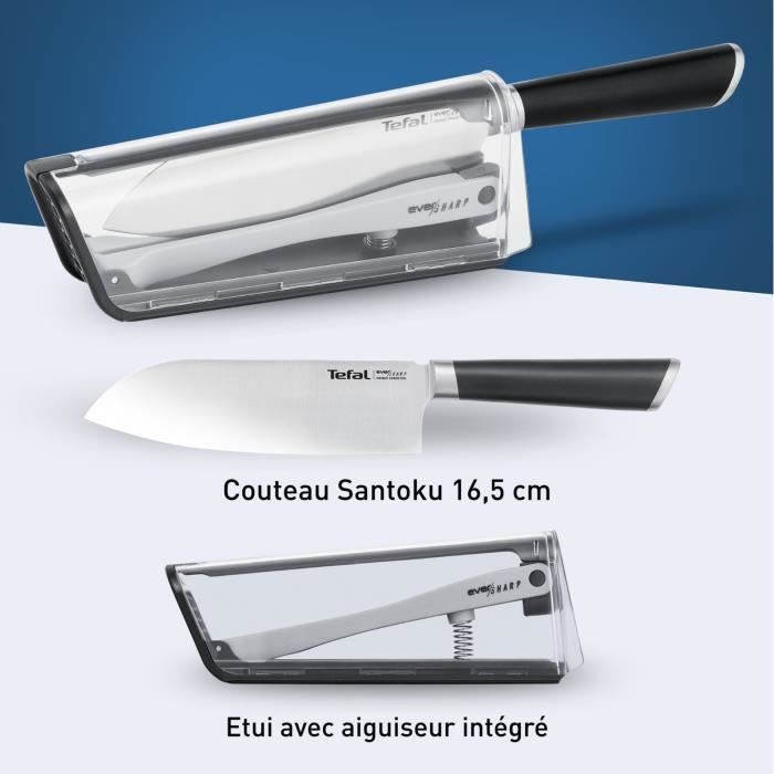 TEFAL Ever Sharp Couteau de cuisine Santoku 16,5 cm, Aiguiseur intÈgrÈ, Technologie sÈcurisÈe, Acier inoxydable allemand K2579024