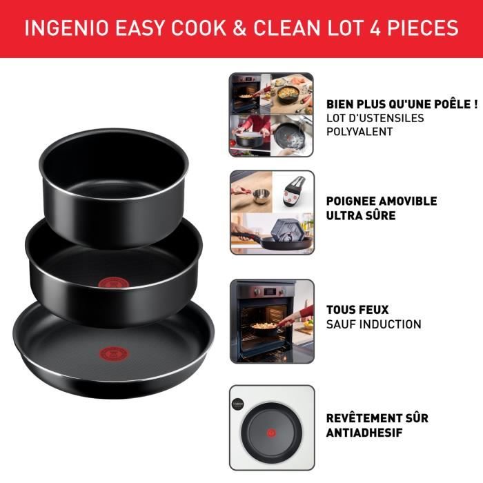 TEFAL INGENIO Easy Cook & Clean Lot 4 pieces, Poele, Casserole, Non induction, Revetement antiadhÈsif, FabriquÈ en France L1539302