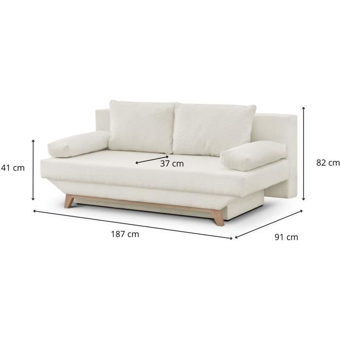 Banquette convertible 3 places TEIJO - Tissu bouclette beige - Coffre de rangement - L187 x P91x H82 cm