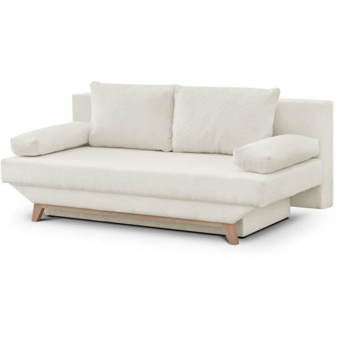Banquette convertible 3 places TEIJO - Tissu bouclette beige - Coffre de rangement - L187 x P91x H82 cm