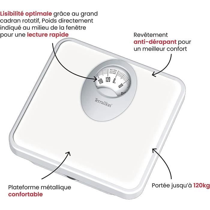 TERRAILLON - Balance Pese Personne MÈcanique - Grand Cadran Rotatif, Plateforme MÈtallique, 120kg max - Modele 'T61' Blanc