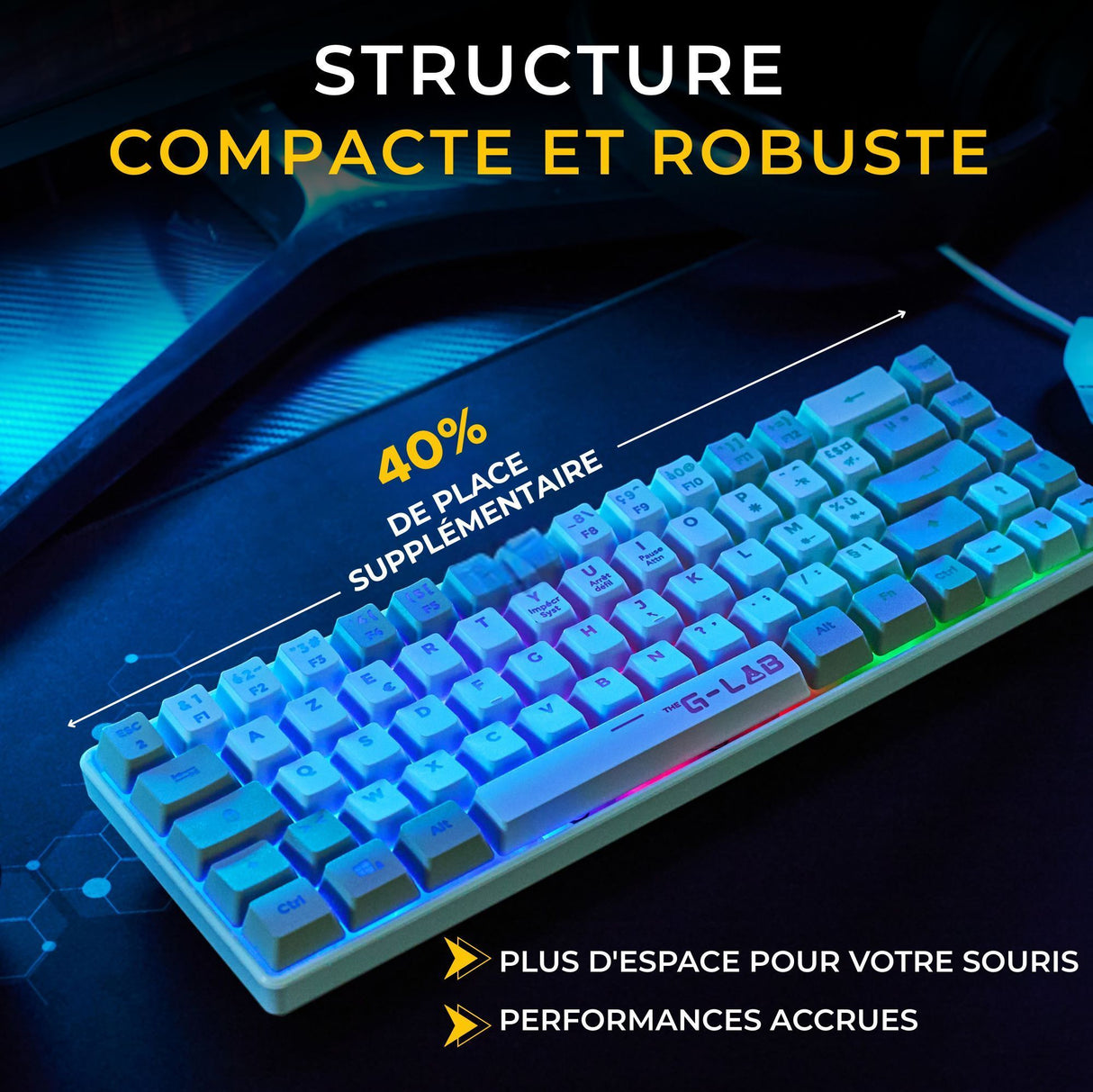 Clavier Gamer filaire - THE G-LAB - KEYZ-HYDRO-WG/FR - 60% format compact - AZERTY - Rétroéclairé - Gris/Blanc