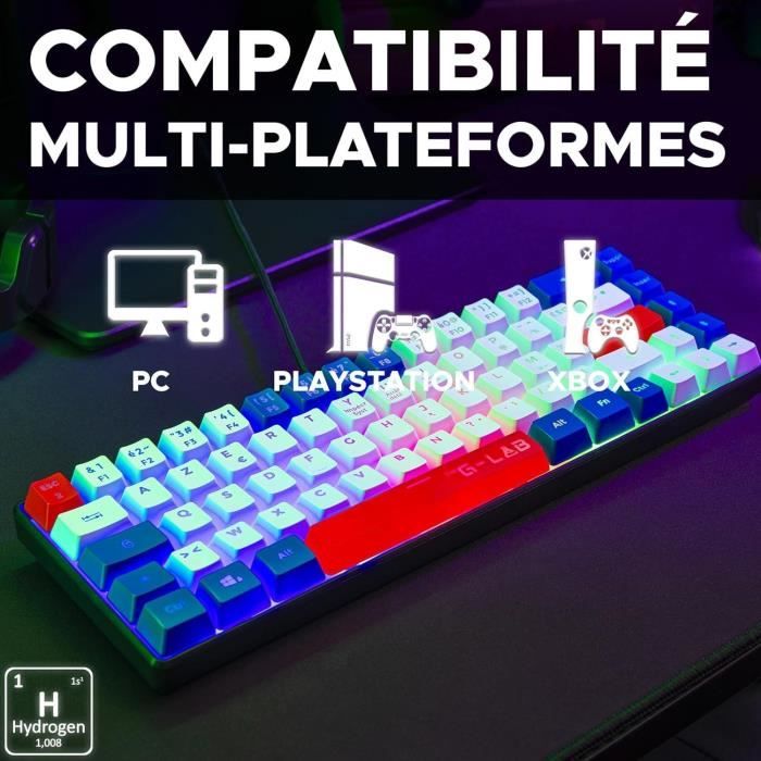 Clavier Gamer - The G-Lab - KEYZ HYDROGEN - 60% Format Compact - RÈtroÈclairÈ - Filaire - Bleu/Blanc/Rouge