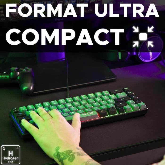 Clavier Gamer - The G-Lab - KEYZ HYDROGEN - 60% Format Compact - Rétroéclairé - Filaire - Noir/Gris