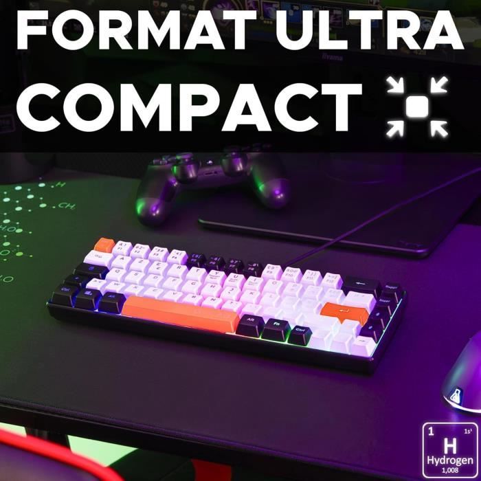 Clavier Gamer - The G-Lab - KEYZ HYDROGEN - 60% Format Compact - RÈtroÈclairÈ - Filaire - Noir/Blanc/Orange