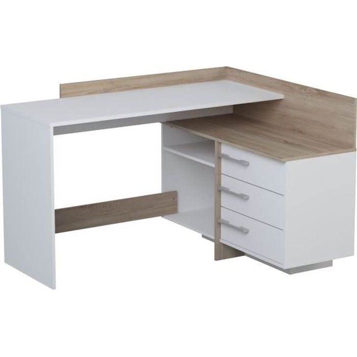 Bureau d'angle 3 tiroirs - DÈcor chene et blanc - L 128,5 x P 105,7 x H 83,2 cm - THALES