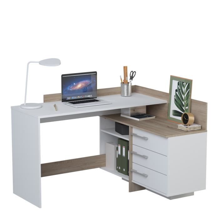 Bureau d'angle 3 tiroirs - DÈcor chene et blanc - L 128,5 x P 105,7 x H 83,2 cm - THALES