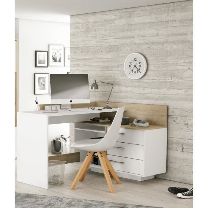 Bureau d'angle 3 tiroirs - DÈcor chene et blanc - L 128,5 x P 105,7 x H 83,2 cm - THALES