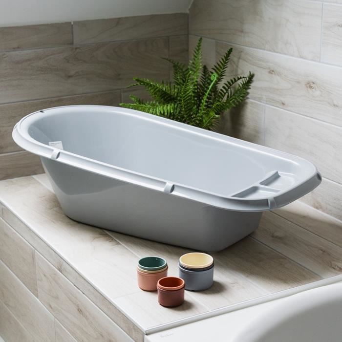 Baignoire bébé - THERMOBABY - Luxe Gris Charme - Taille adaptée - Stable et robuste - Bouchon de vidange