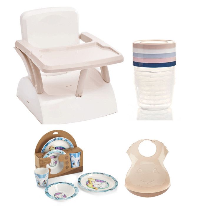 Pack Repas 2eme ¬ge - Thermobaby - Rehausseur chaise - 5 boÓtes de conservation - Coffret vaisselle  - Bavoir semi-rigide