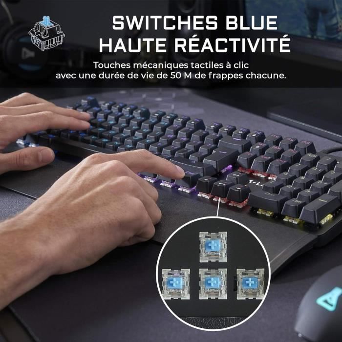 Clavier Gamer - The G-Lab - KEYZ CARBON E - MÈcanique (Switch Bleu) - Rainbow - Repose Poignet - Filaire - Azerty - Noir