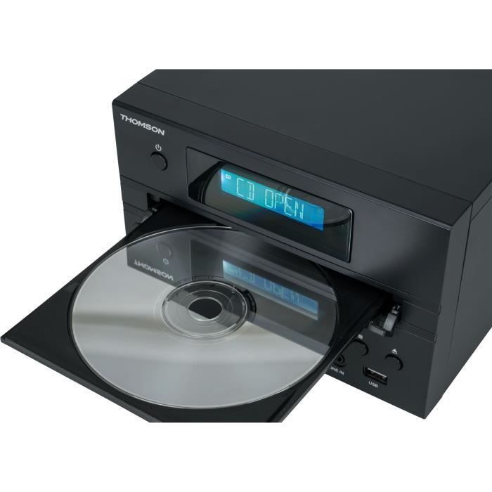 Micro-chaîne Bluetooth - THOMSON - Bois/Noir - Radio FM/CD/MP3/USB, 20W RMS, Tuner FM RDS, Prise casque, Télécommande, Alim. 230V