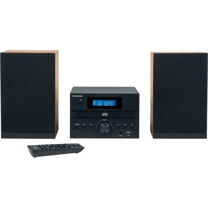 Micro-chaîne Bluetooth - THOMSON - Bois/Noir - Radio FM/CD/MP3/USB, 20W RMS, Tuner FM RDS, Prise casque, Télécommande, Alim. 230V
