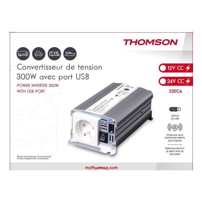 Convertisseur de tension - THOMSON - 12V/220 V - 300 W - Avec prise USB-A 2A livré avec cordon allume cigare