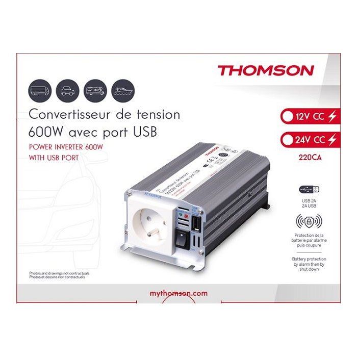 Convertisseur de tension - THOMSON - 12V/220 V - Puissance 600 W - Avec prise USB 2A- Livré avec câbles batterie