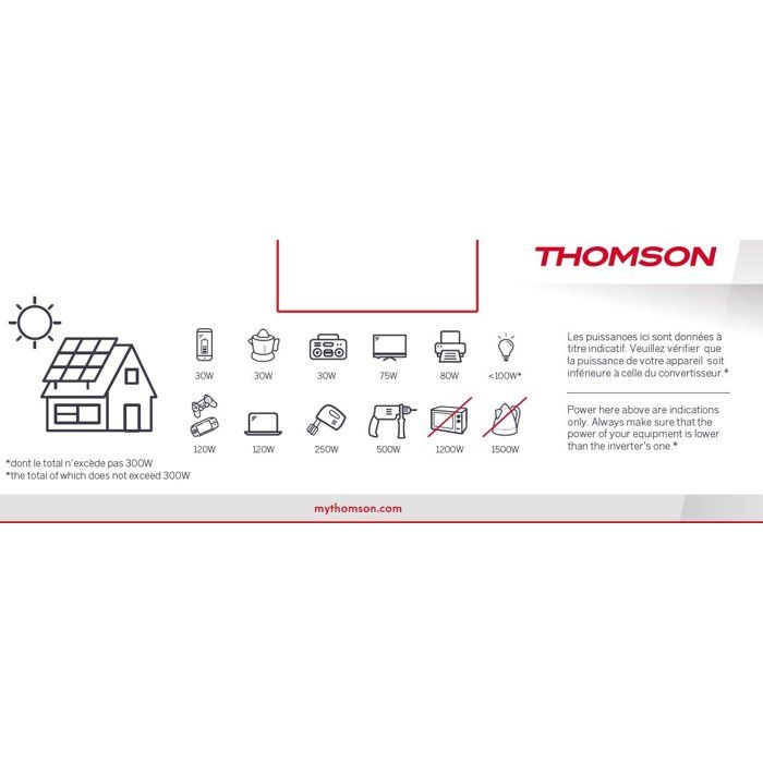 Convertisseur de tension - THOMSON - 12V/220 V - Puissance 600 W - Avec prise USB 2A- Livré avec câbles batterie