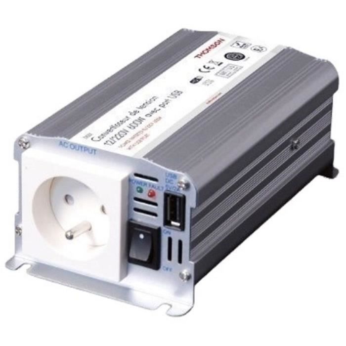Convertisseur de tension - THOMSON - 12V/220 V - Puissance 600 W - Avec prise USB 2A- Livré avec câbles batterie