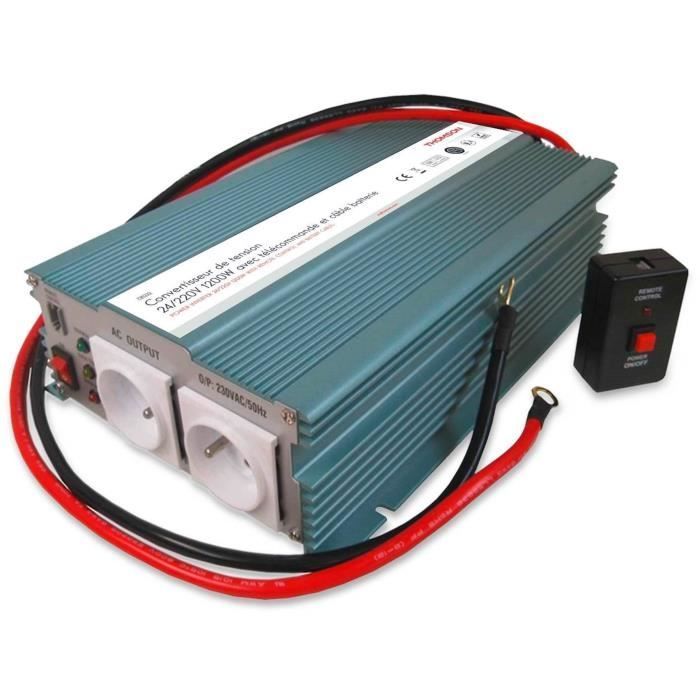 VConvertisseur de tension - THOMSON - 24V/220 V - Puissance 1200 W - Avec 2 prises secteur et télécommande avec fil de 4,80m
