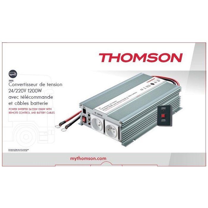 VConvertisseur de tension - THOMSON - 24V/220 V - Puissance 1200 W - Avec 2 prises secteur et télécommande avec fil de 4,80m