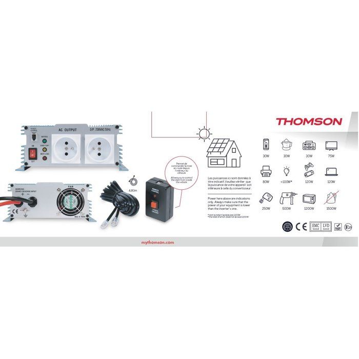 VConvertisseur de tension - THOMSON - 24V/220 V - Puissance 1200 W - Avec 2 prises secteur et télécommande avec fil de 4,80m