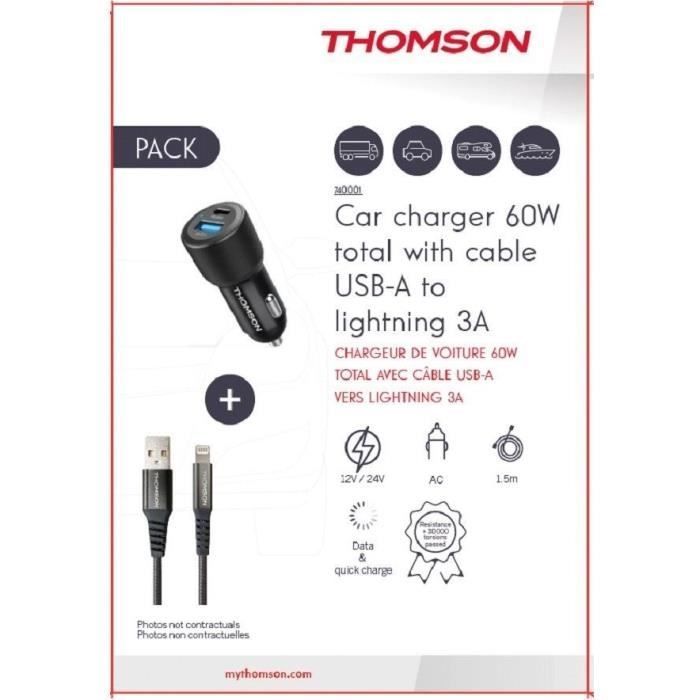 Pack chargeur de voiture + câble - THOMSON - Chargeur de voiture 12/24V 60 W + Câble A vers L 3A haute performance- Longueur 1.50 m