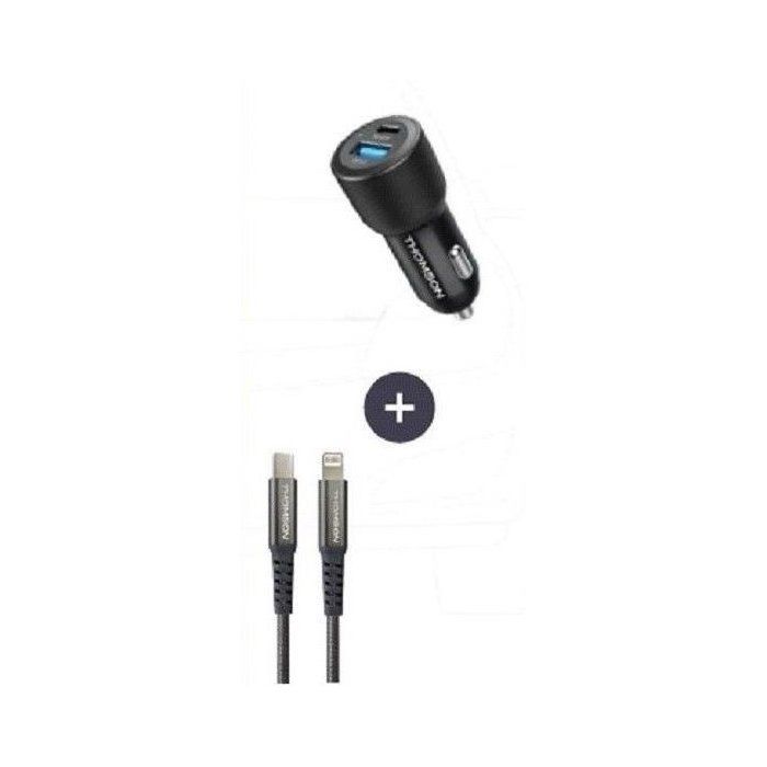 Pack chargeur de voiture + câble - THOMSON - Chargeur de voiture 12/24V 60 W + Câble C vers L 5A haute performance- Longueur 1.50 m