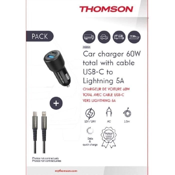 Pack chargeur de voiture + câble - THOMSON - Chargeur de voiture 12/24V 60 W + Câble C vers L 5A haute performance- Longueur 1.50 m