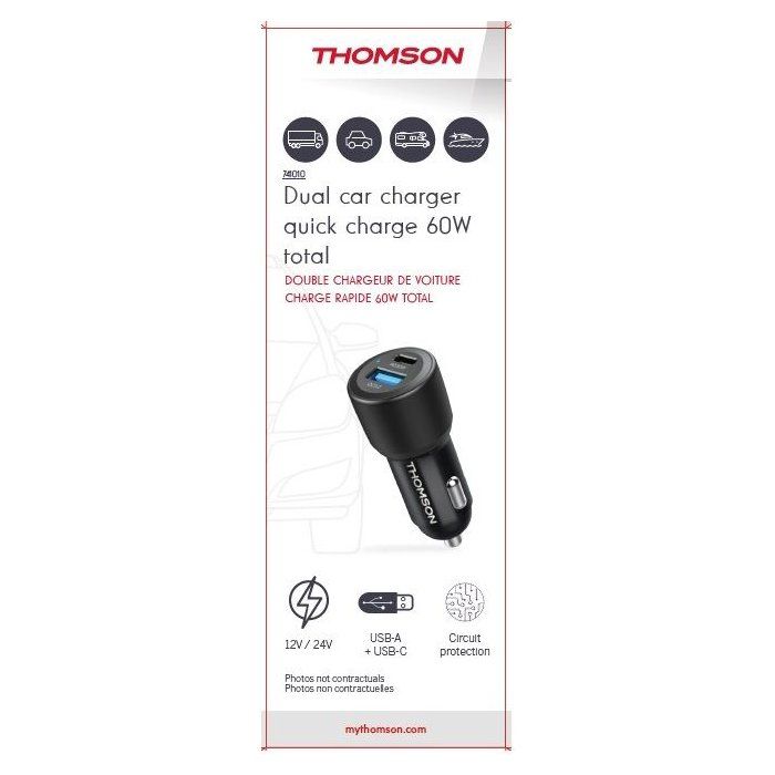 Chargeur voiture THOMSON-12/24V-60W -USB-C: PD 30W+ USB-A QC 3.0 30W avec protections surtensions, surintensités, courts-circuits.