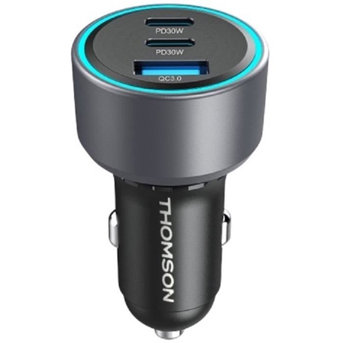Chargeur voiture - THOMSON - 60 W - Technologie nouvelle génération totale - 2 USB-C - PD 30 W + USB-A - QC 3.0 - 18 W