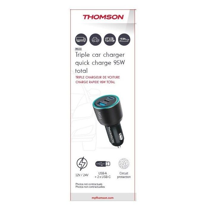 Chargeur voiture THOMSON-12/24V-95W total- 2x-USB-C: PD 65W + PD 30W+ USB-A QC 3.0 18W pour une charge rapide de vos appareils