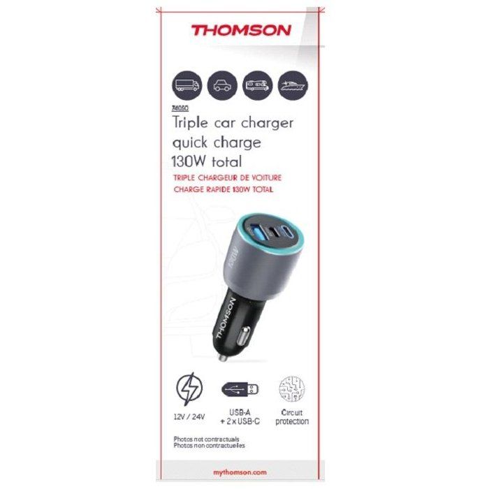 Chargeur voiture THOMSON- 12/24V- 130W -2 USB-C: PD 100W + PD 30W + QC 3.0 18W-Technologie GaN pour assurer une puissance élevée.
