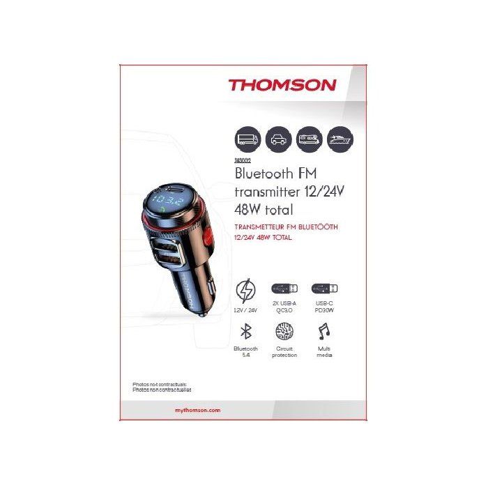 Transmetteur FM Bluetooth Version 5.4 -THOMSON-12/24V 48 W-2USB-A QC 3.0&PD 30W pour une charge rapide et efficace de vos appareils
