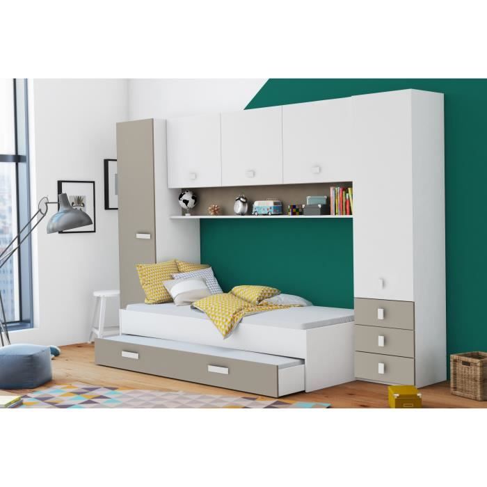 DEMEYERE Lit gigogne enfant avec multiples rangements - Décor blanc/argile - 90 x200 cm - TIDY