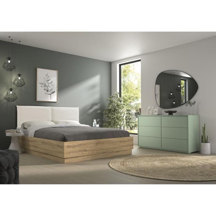 Lit coffre tete textile - TIDY - 160 x 200 cm - Chene / Ecru - Sommier inclus - GAMI