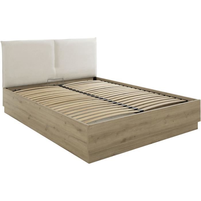 Lit coffre tete textile - TIDY - 160 x 200 cm - Chene / Ecru - Sommier inclus - GAMI