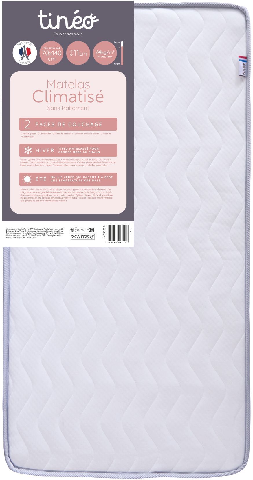 Matelas bébé climatisé - 70 x 140 cm - Epaisseur 11 cm - TINEO